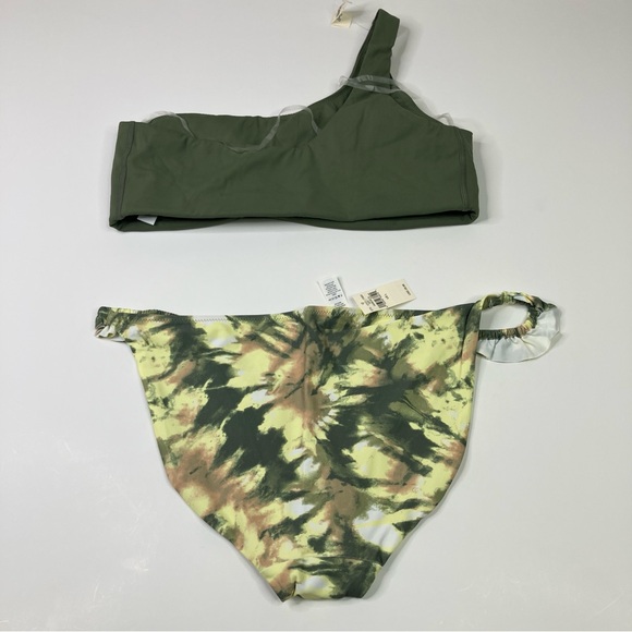 Aerie | Hunter Green Tie Dye One Shoulder Top Ruffle Bottoms Bikini Set NWT L - Picture 3 of 6